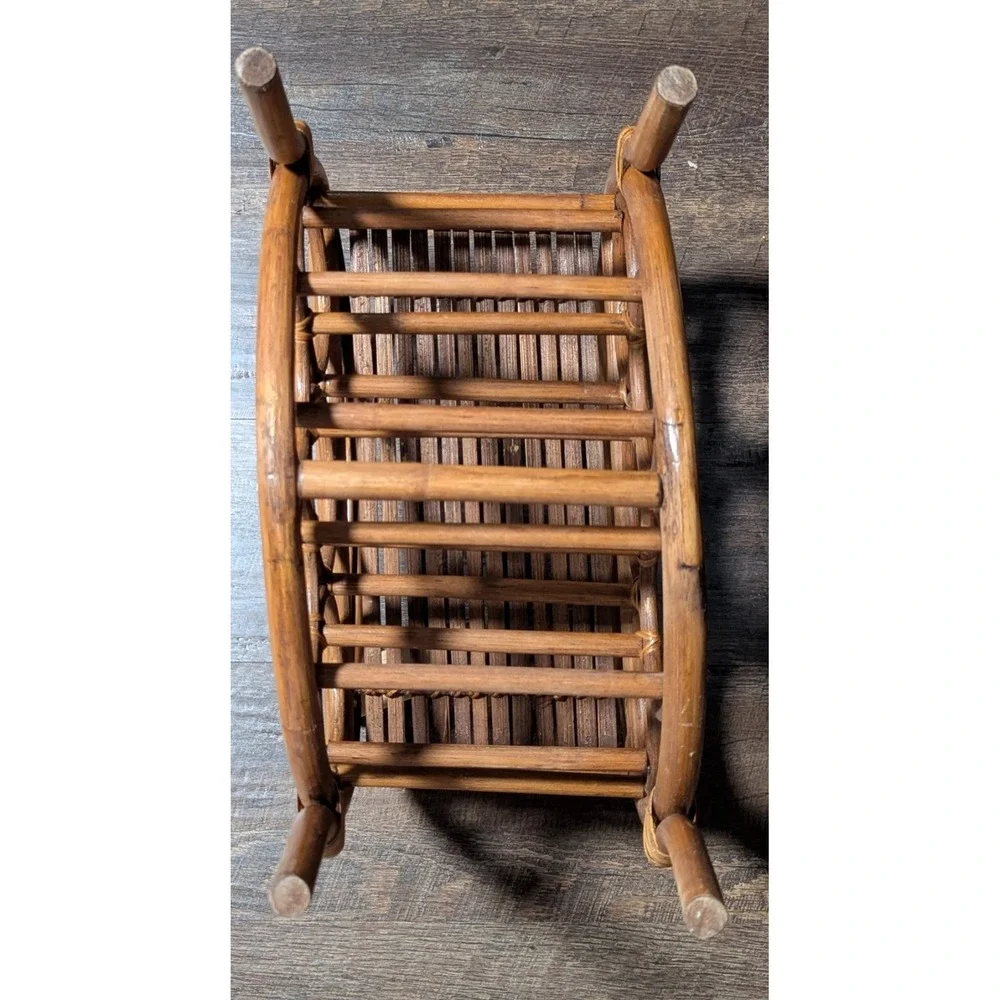 Vintage Bent-Rattan/Bamboo Six Bottle Tabletop Wine Rack With Shelf for Glasses